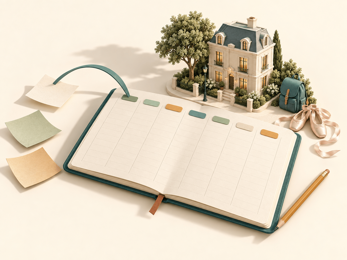 A miniature home and school bag beside a weekly planner