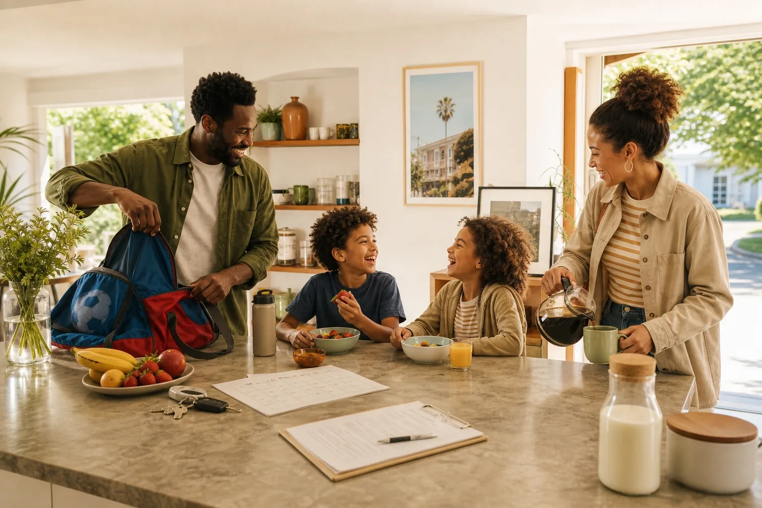 A family sharing breakfast while getting ready for the day