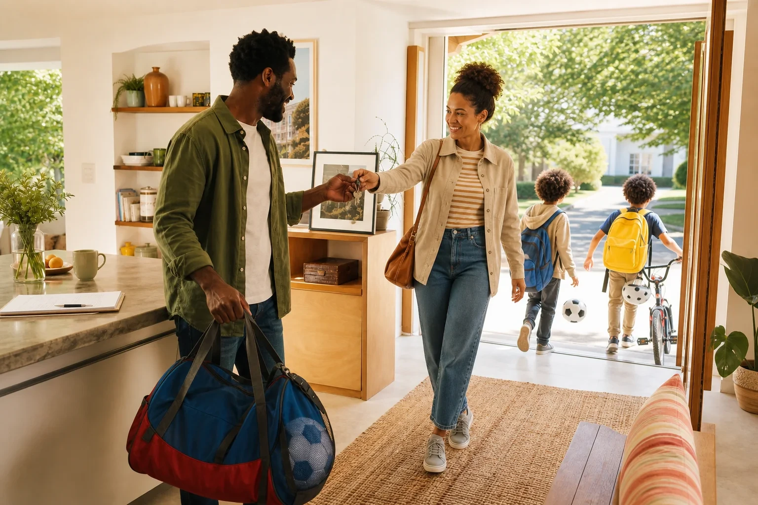 Two caregivers smiling as they coordinate keys and a sports bag while their children head outside.