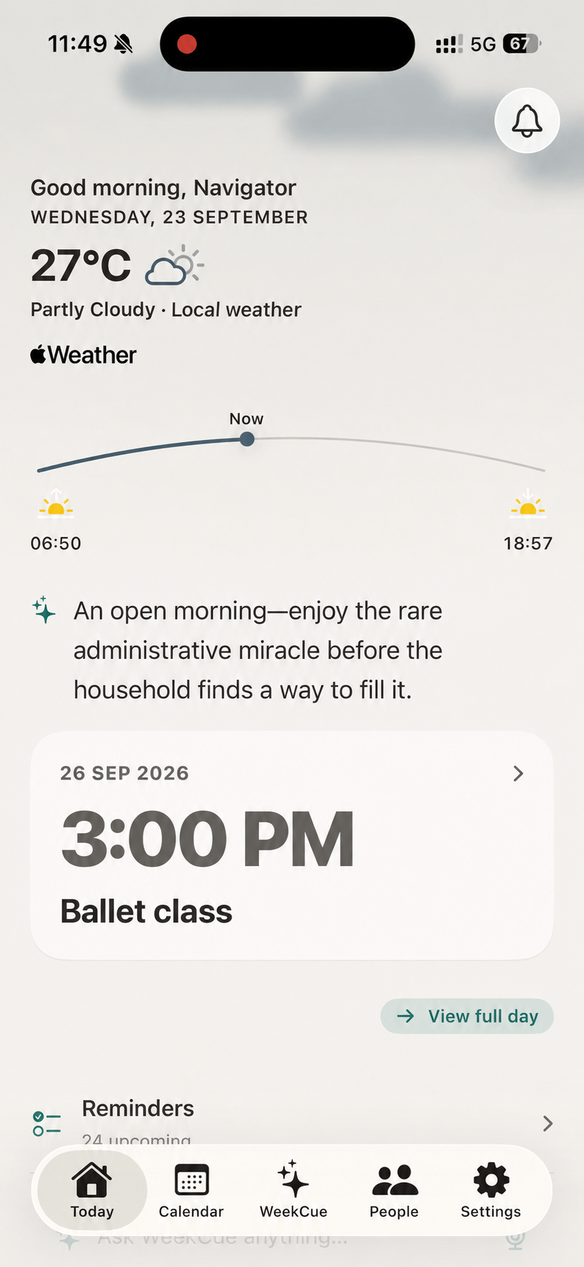 WeekCue app example: your plans