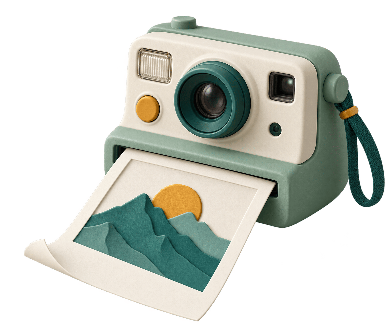 A sculpted instant camera printing a photo