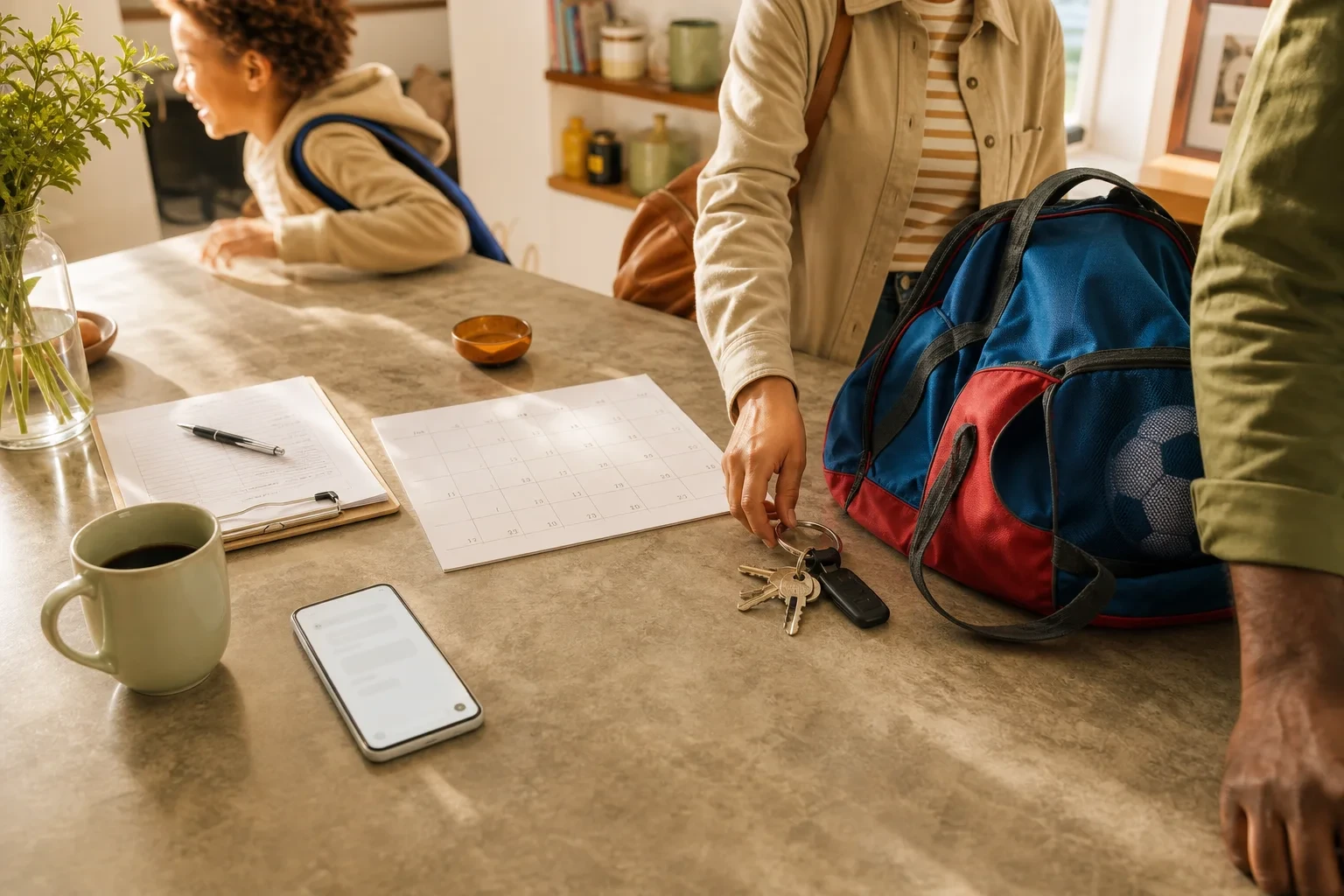 A school form, keys and sports bag waiting on a counter