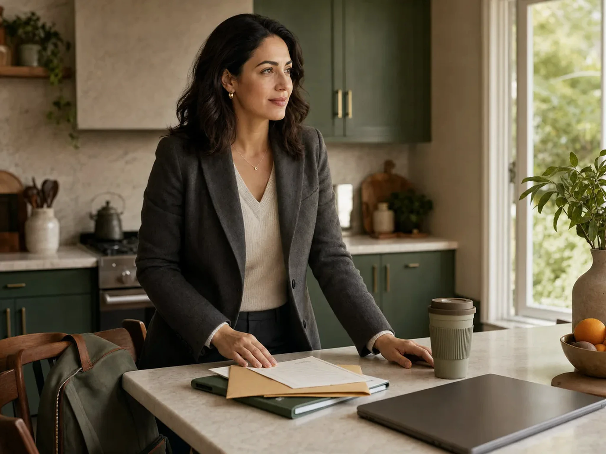 A parent reading a school form at the kitchen counter